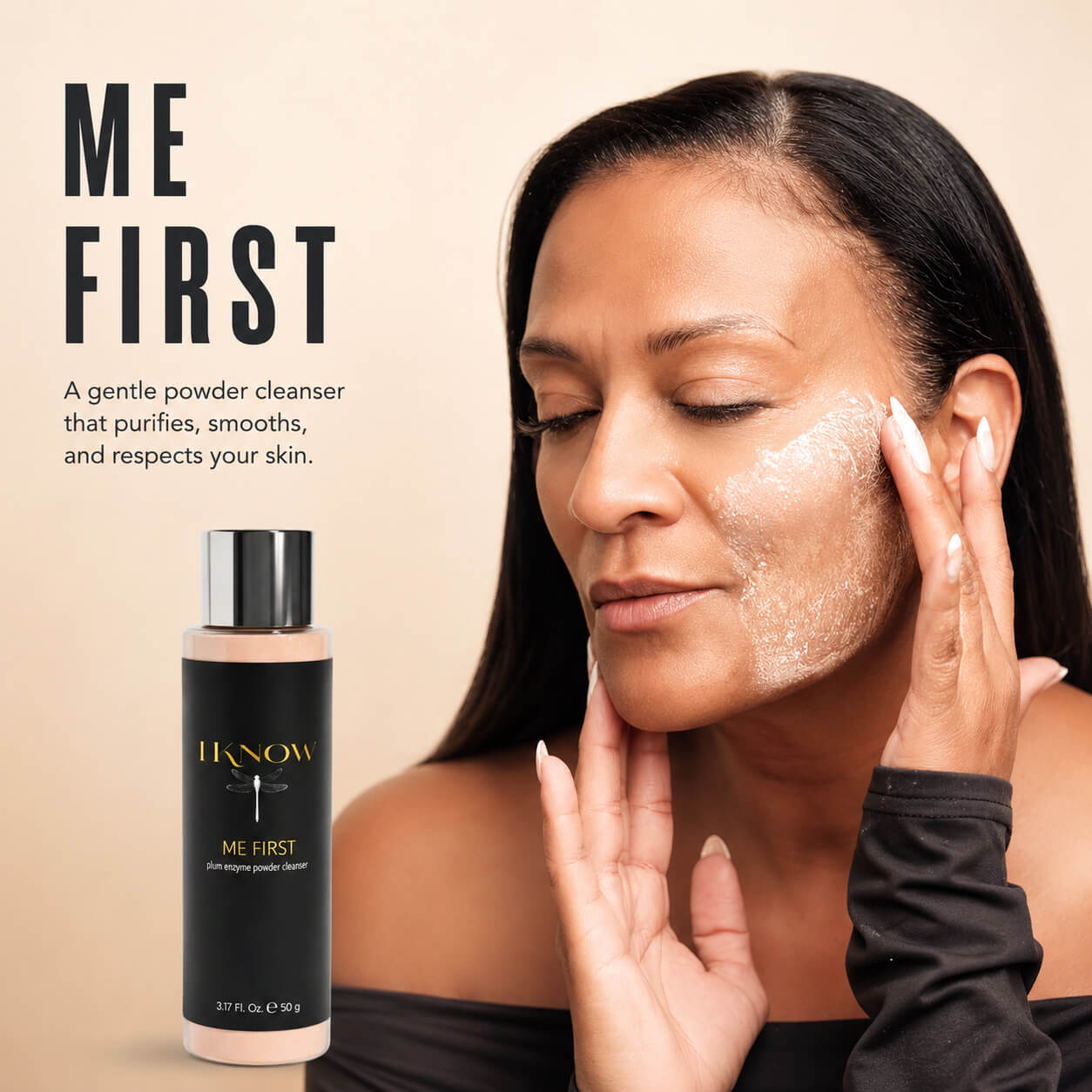 Woman applying skincare product with &