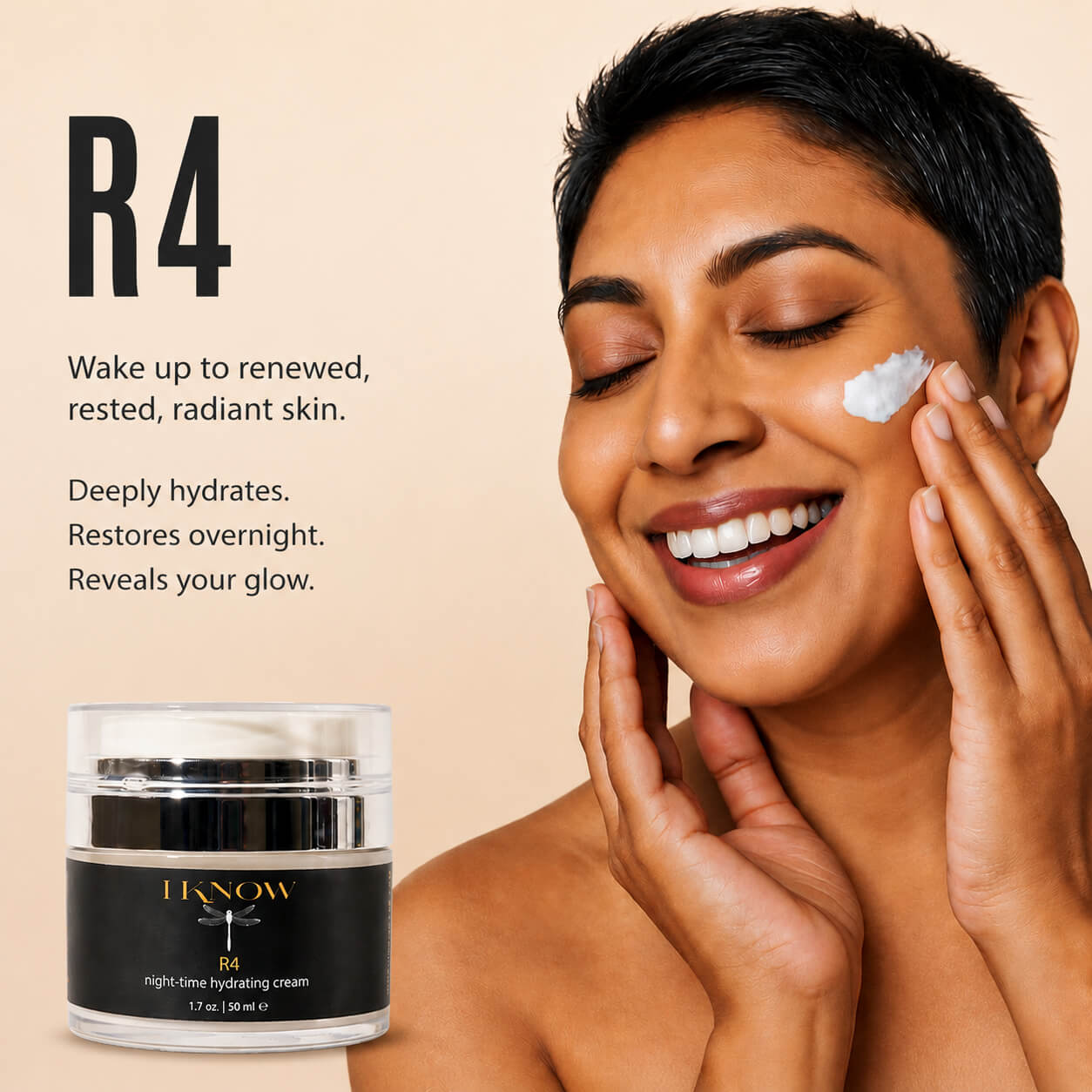 Woman applying cream to her face with a jar of cream labeled &