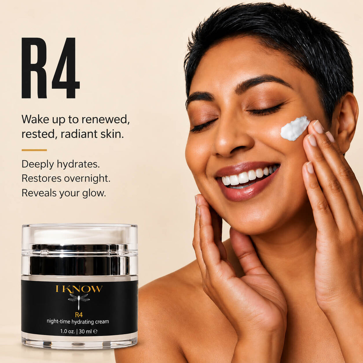 A woman with short dark hair applies a white cream to her cheek against a warm beige background. On the left is a black jar labeled IKNOW R4 night time hydrating cream&