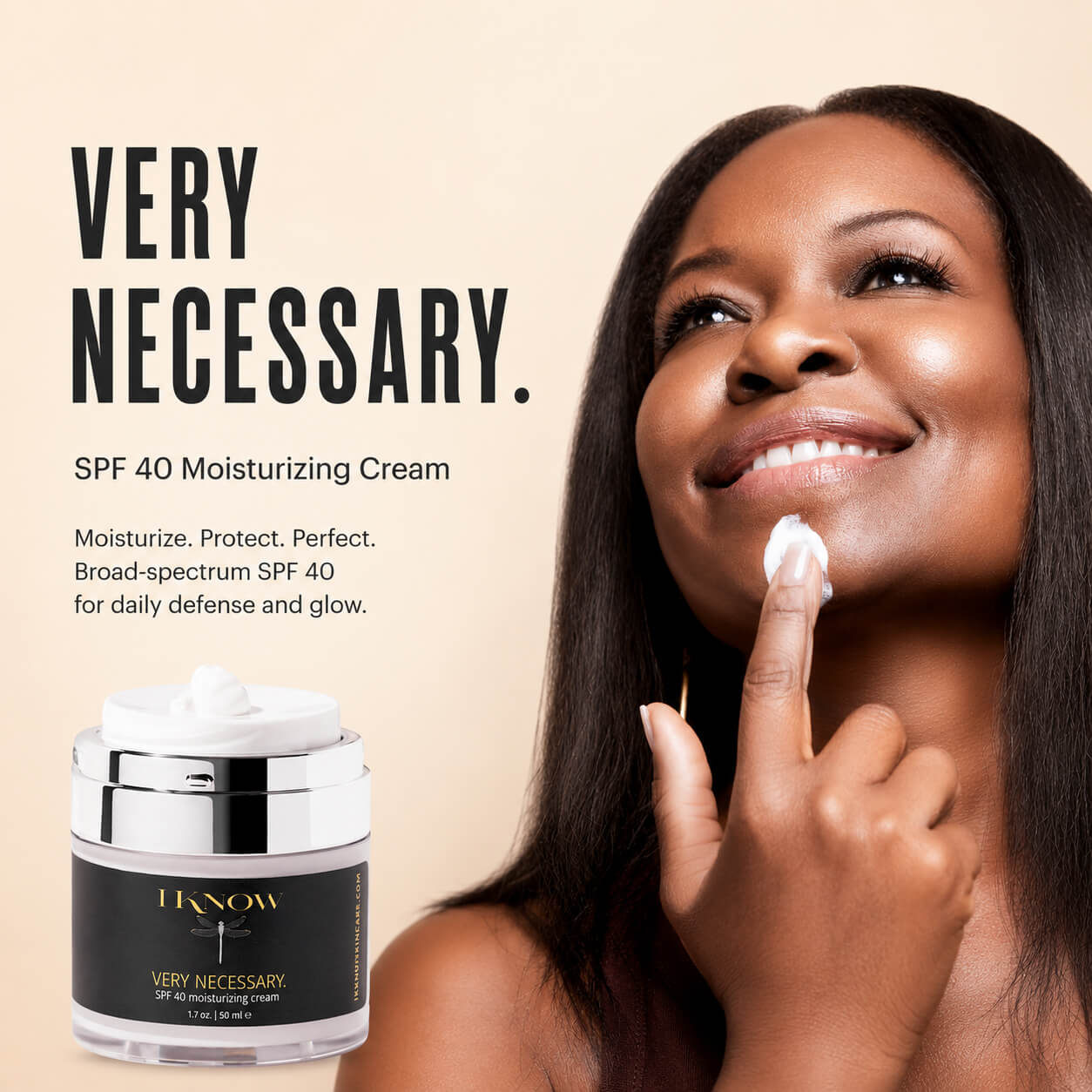 Woman applying cream to her face with &