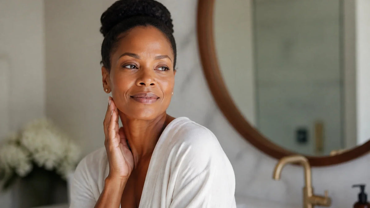 Radiant woman in her 40s with glowing skin enjoying a morning skincare ritual
