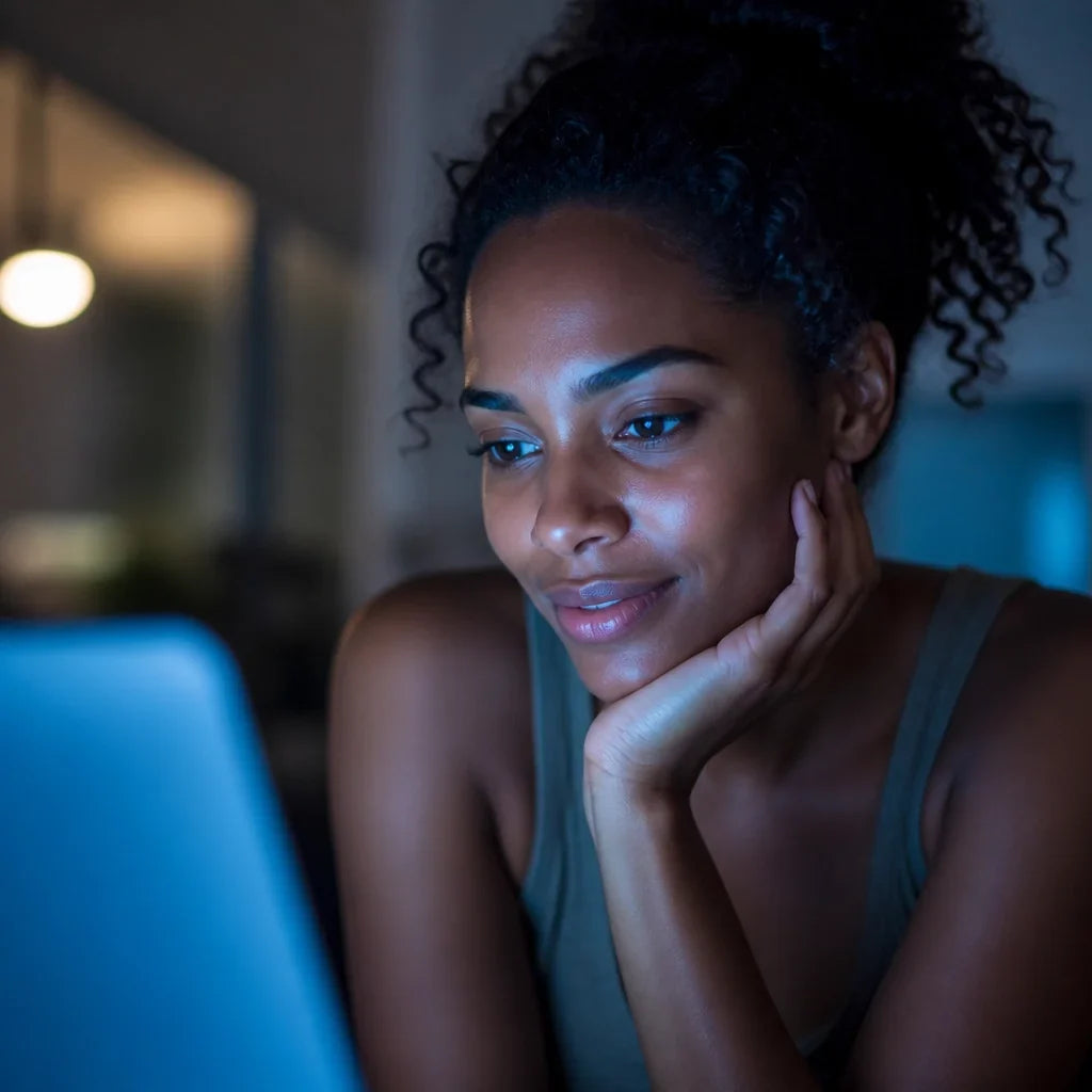 Radiant Black woman with melanin-rich skin illuminated by soft blue light from a digital device in a modern indoor setting