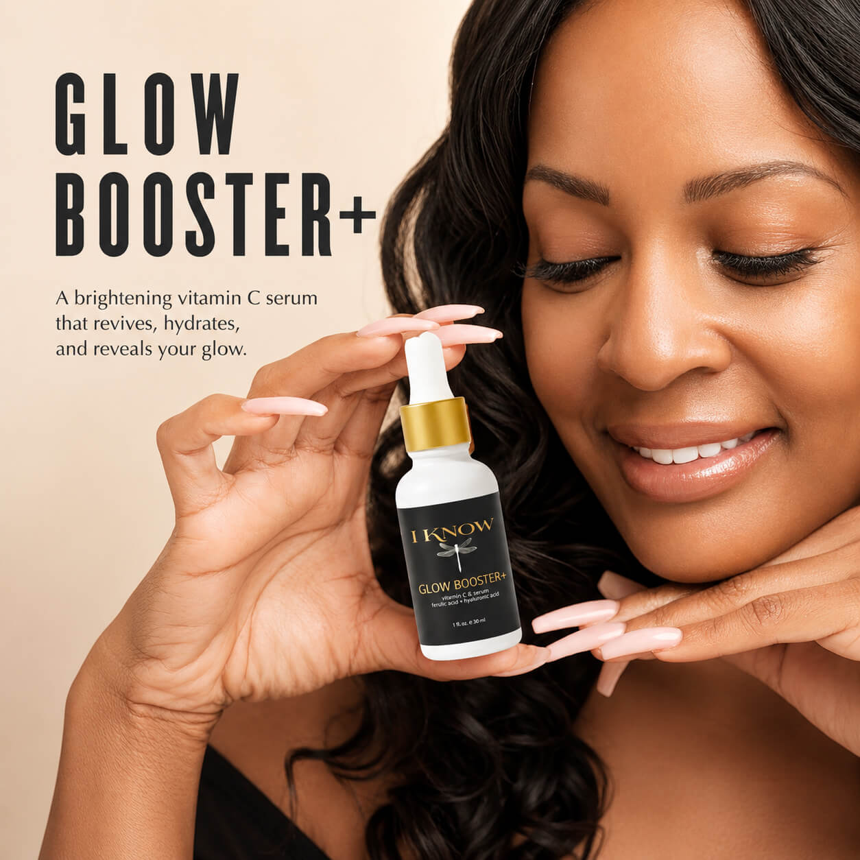 Woman holding a skincare serum bottle with &