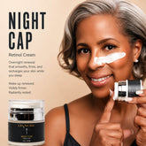 Woman applying Night Cap Retinol Cream to her face with product packaging displayed.