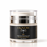 A 30 ml jar of IKnow R4 Night-time Hydrating Cream on a clean white background. The product features a clear glass jar with a reflective silver metallic collar, a white cream visible inside, and a black label with gold lettering.