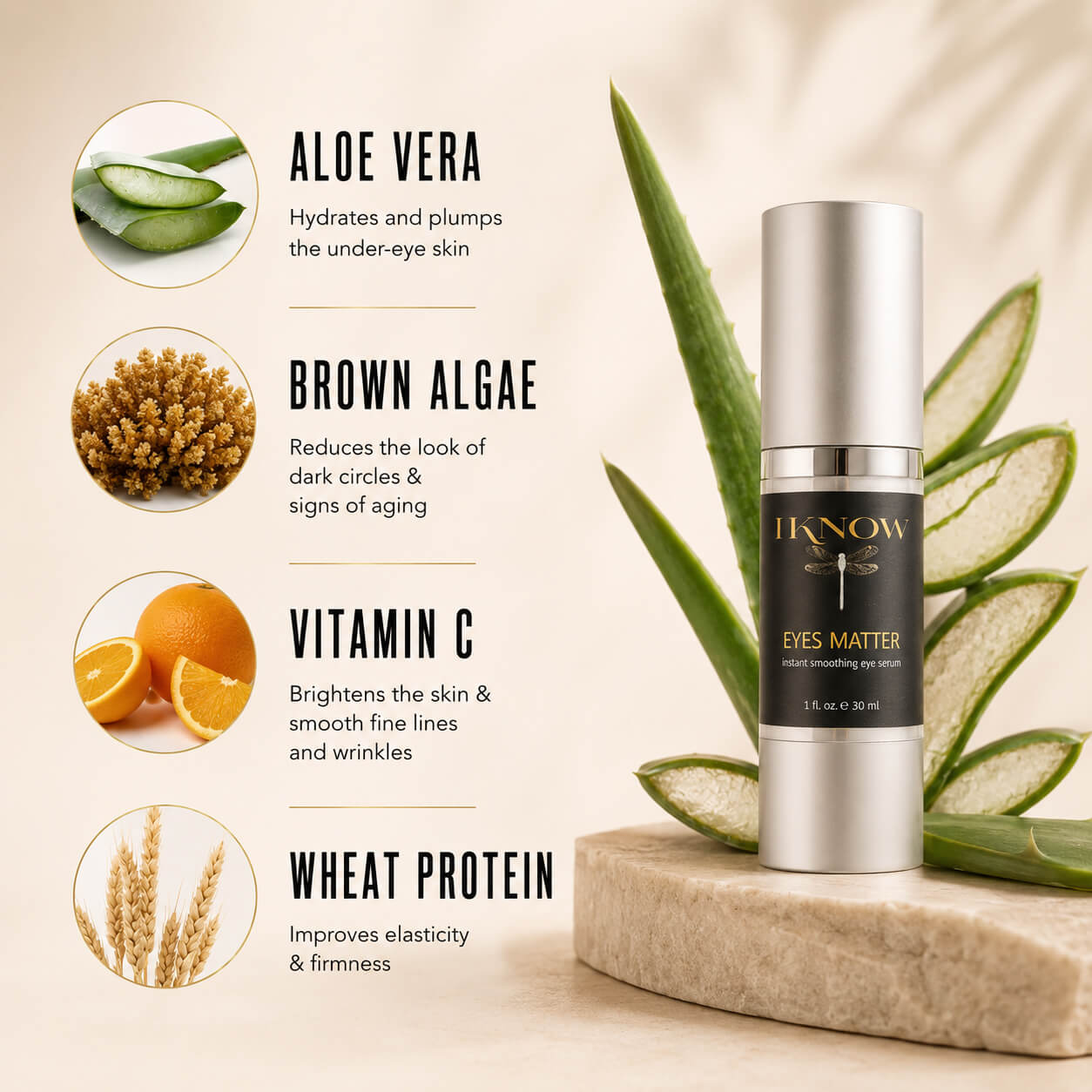 Skincare serum bottle with ingredients and benefits on a natural background
