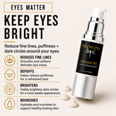 Eye serum bottle with text highlighting its benefits on a light background