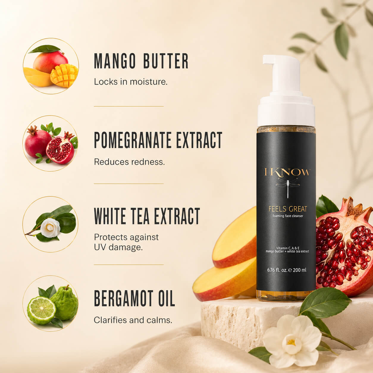 Skincare product with ingredients like mango butter, pomegranate extract, white tea extract, and bergamot oil on a beige background.