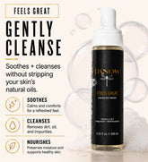 Foaming face cleanser bottle with text highlighting its benefits on a light background