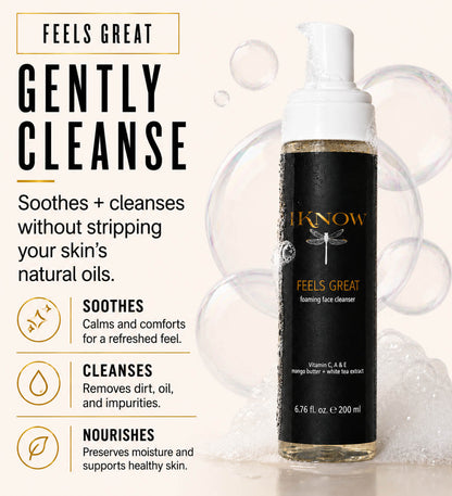 Foaming face cleanser bottle with text highlighting its benefits on a light background