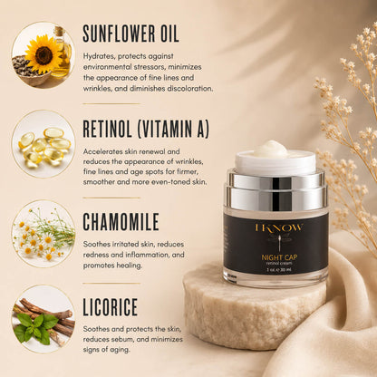 Skincare product with ingredients listed on a beige background
