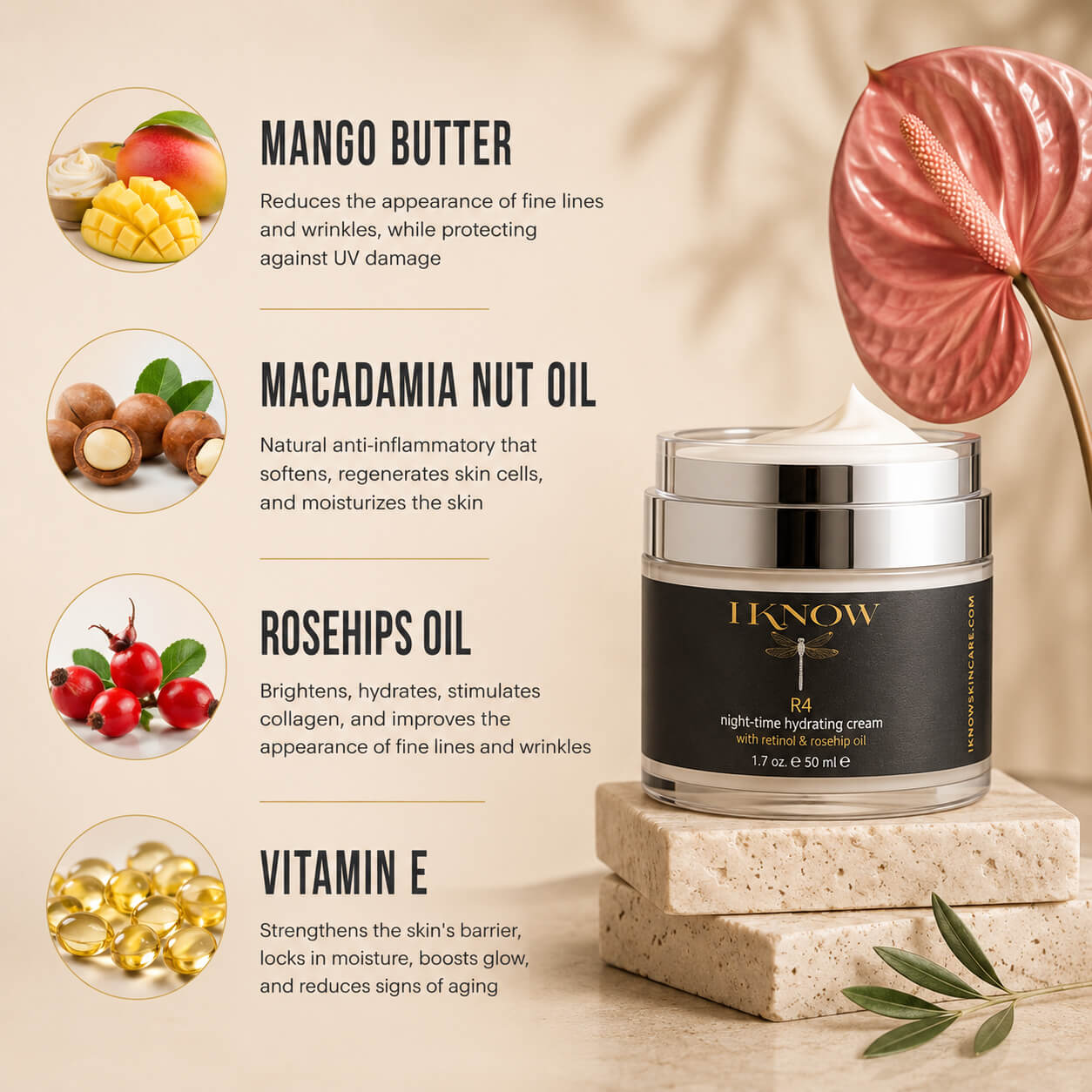 Skincare cream jar with ingredients and benefits on a beige background