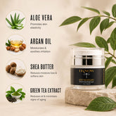 Cosmetic cream jar with ingredients listed on a beige background with green leaves.