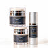 Three skincare products from I Know Beauty arranged on a white reflective surface: a stacked pair of clear jars with black labels and silver lids, and one tall silver cylindrical bottle labeled Eyes Matter.